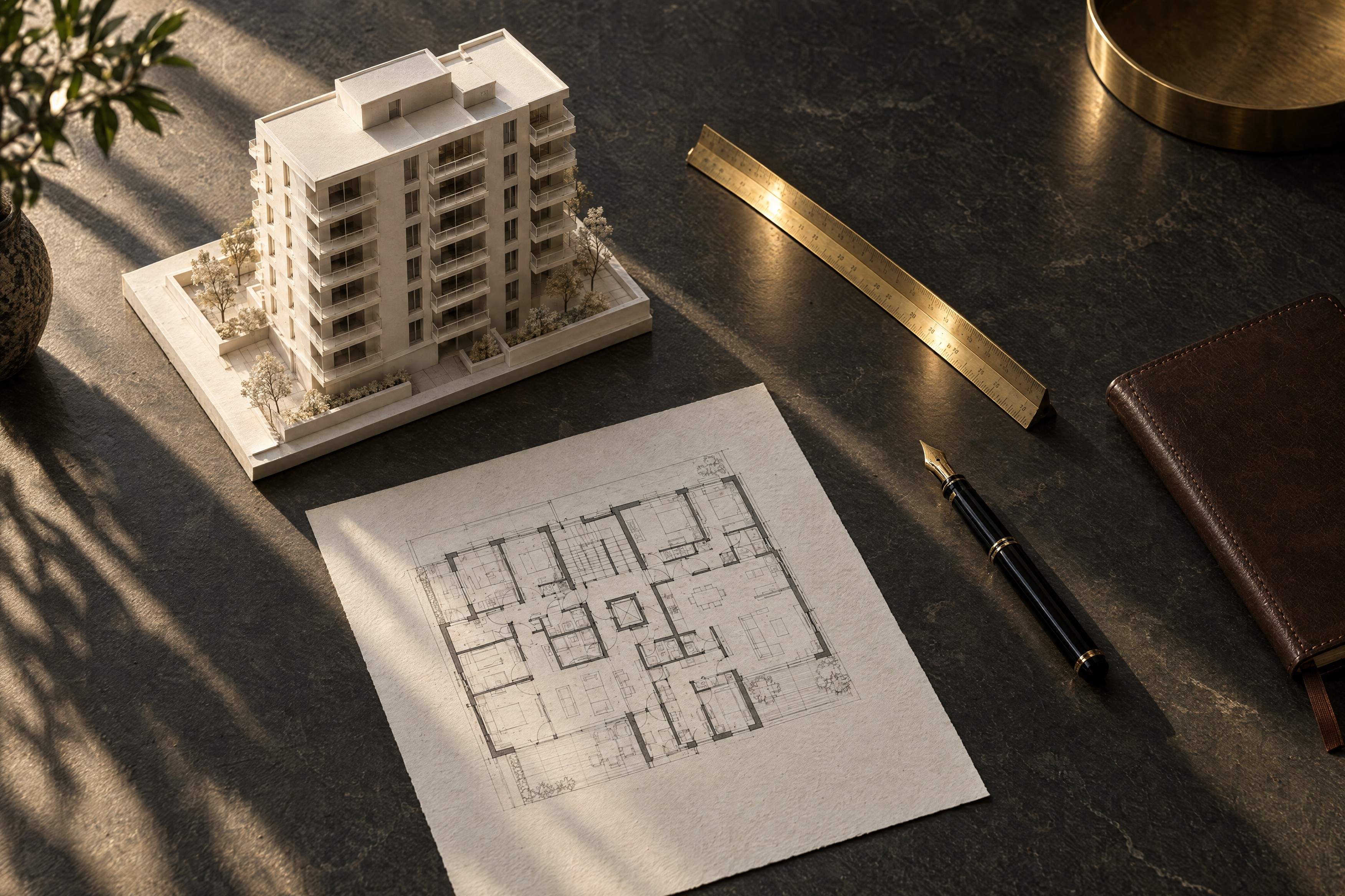 Weißes Architekturmodell eines Wohnhauses mit Grundriss und Messinglineal