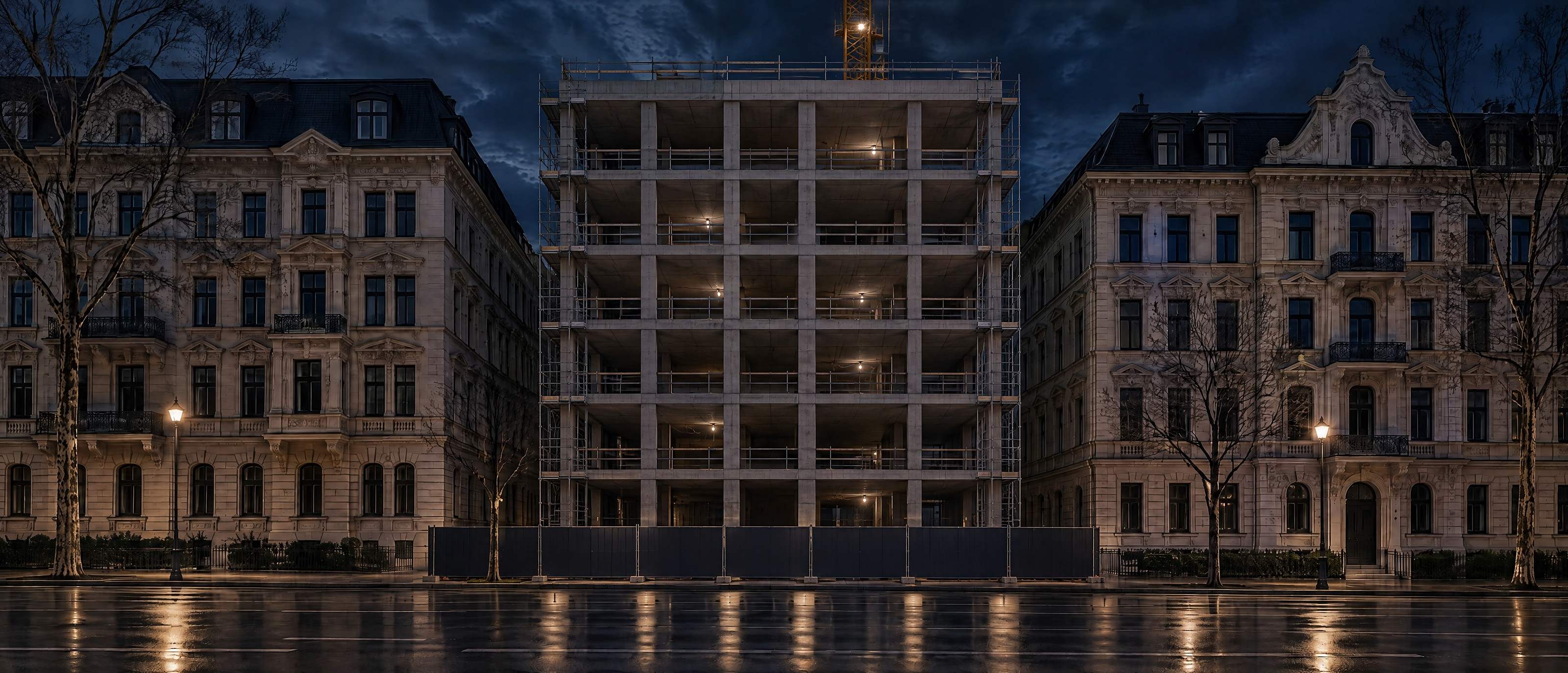 Concrete shell of a town house at night