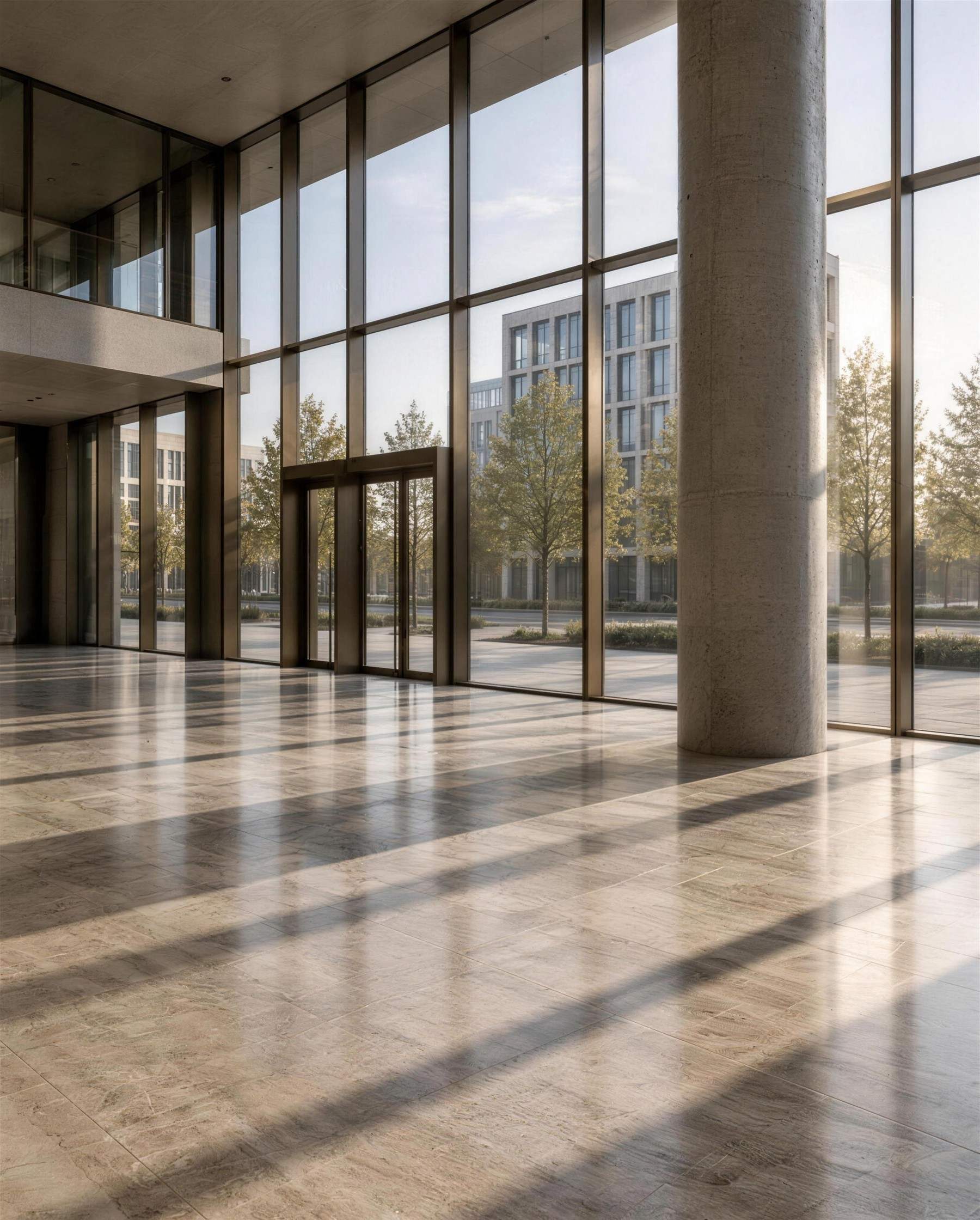 Empty office lobby with travertine floor, glass façade and morning light