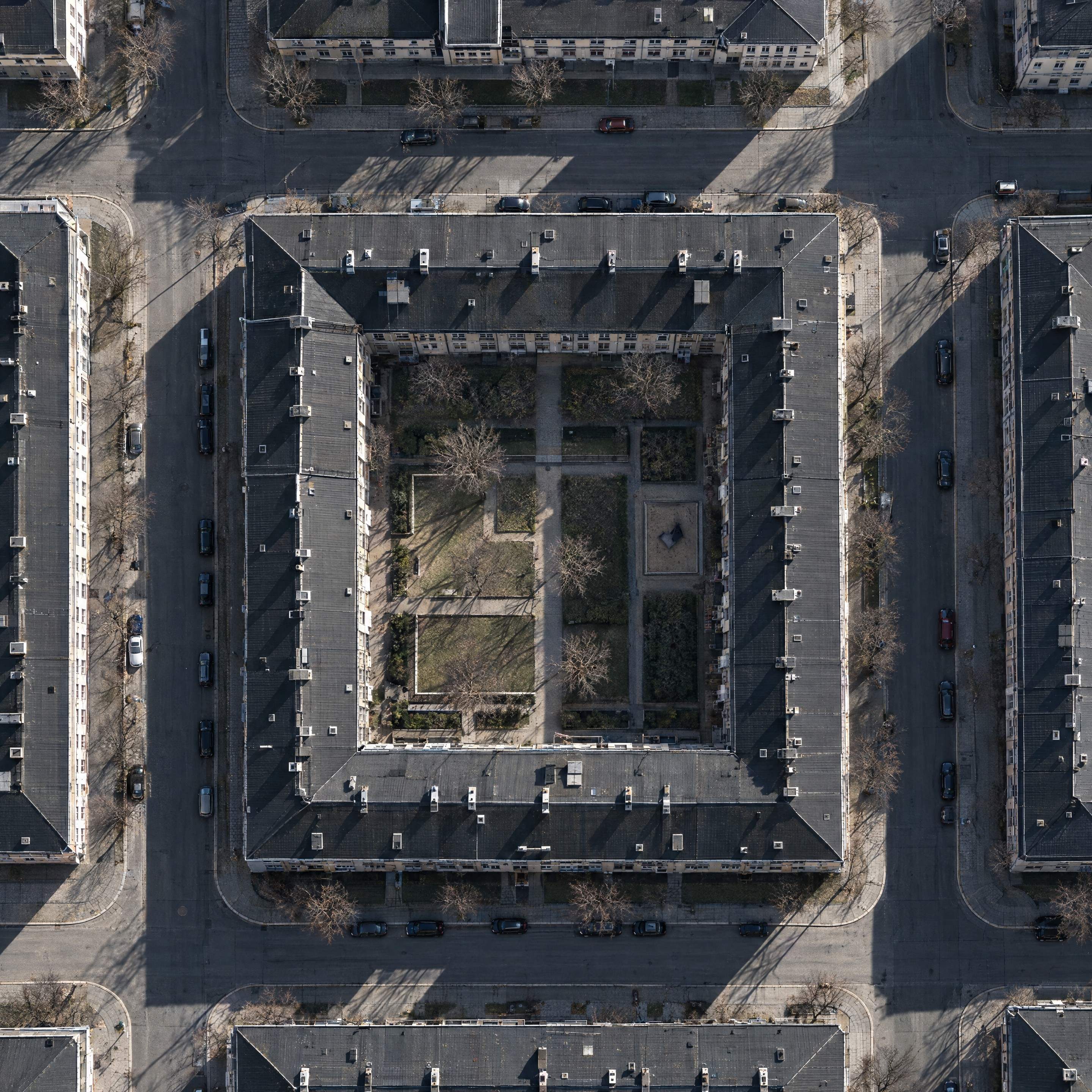 Aerial view of a residential block with courtyard