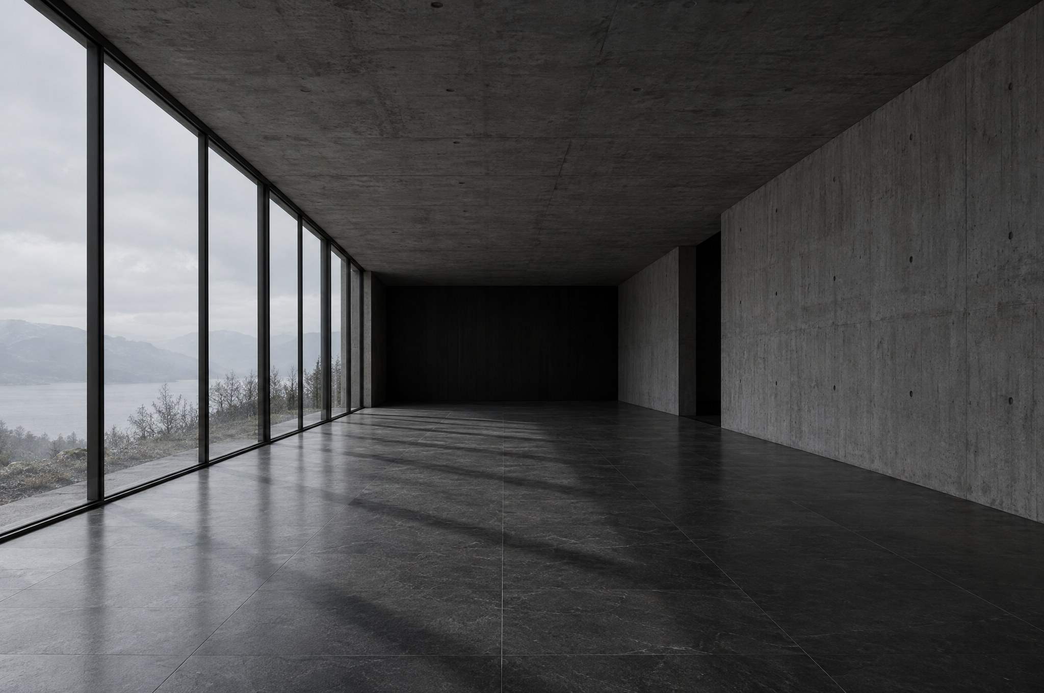 Empty exposed-concrete room with floor-to-ceiling glazing