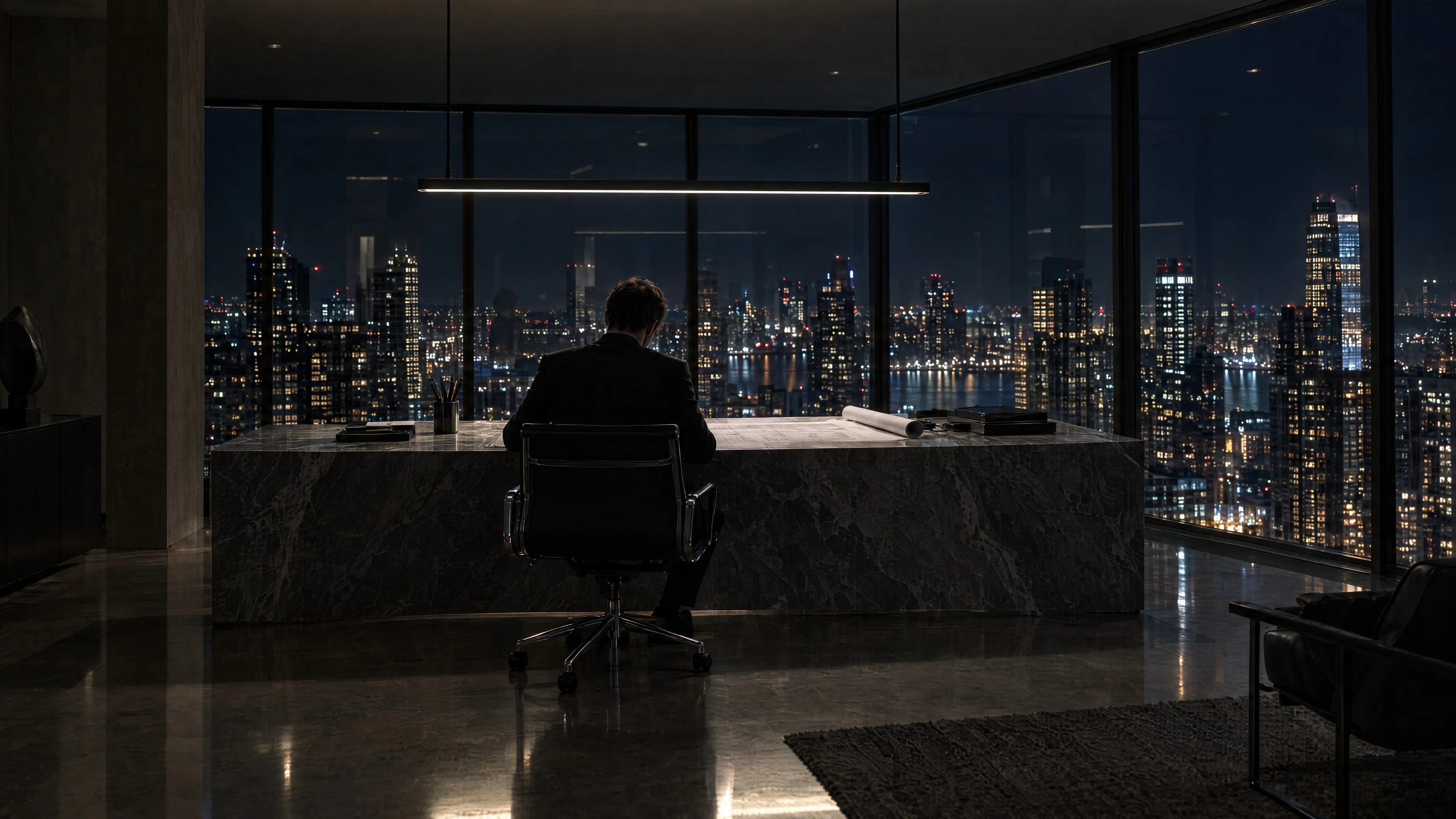 Büro bei Nacht mit bodentiefen Fenstern über einer Hochhaus-Skyline