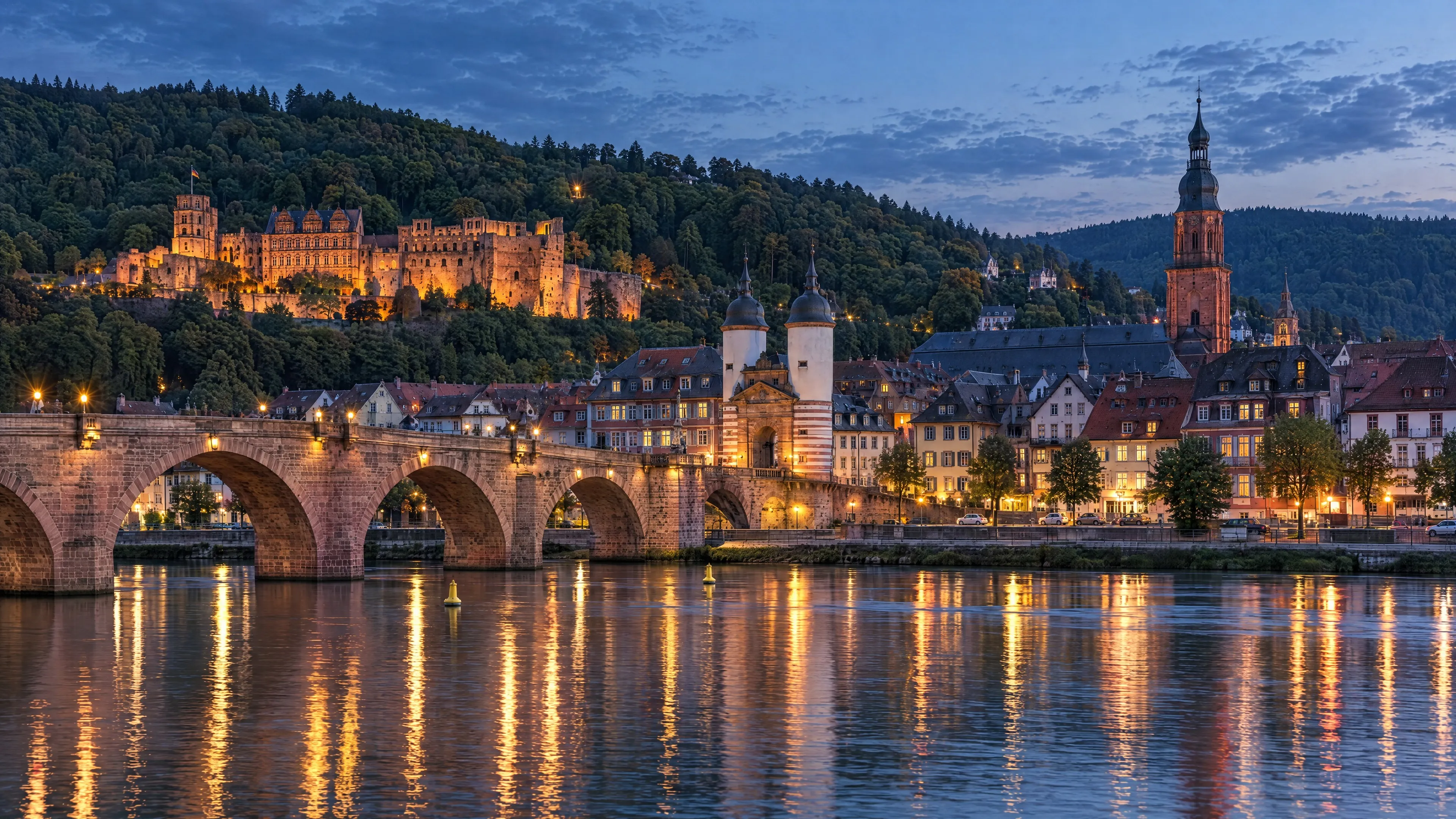 Heidelberger Altstadt mit Alter Brücke und Schloss in der Dämmerung