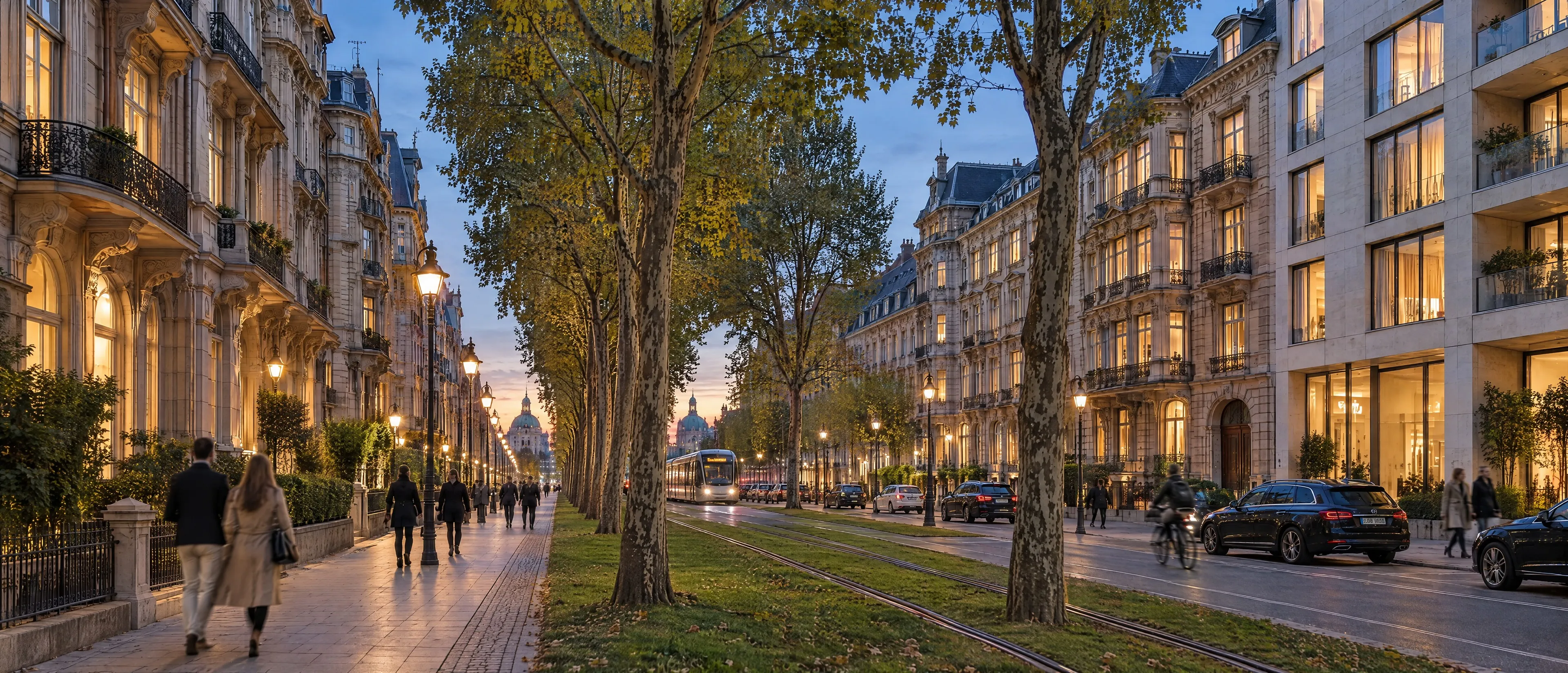 Baumbestandener Boulevard mit Gründerzeitbauten und Straßenbahn in der Abenddämmerung
