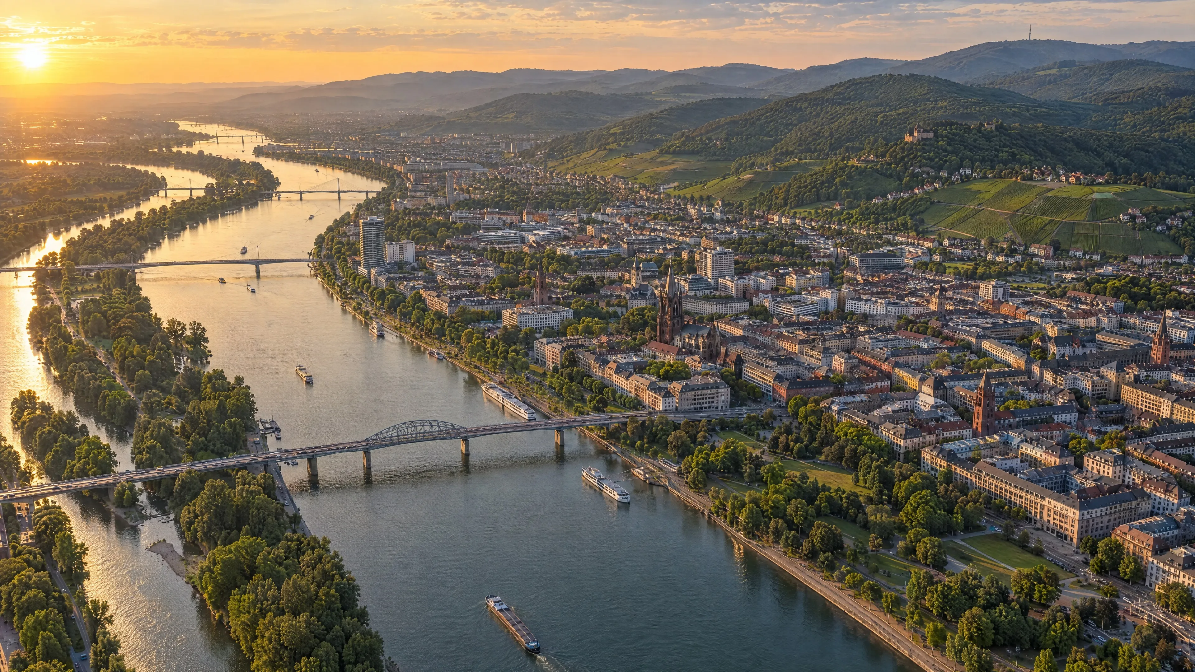 Luftbild der Rhein-Neckar-Region mit Rhein, Stadt und Pfälzerwald bei Abendlicht